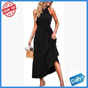 Summer Maxi Dress Sleeveless Halter Flowy Ruffle Hem Formal Boho with Belt